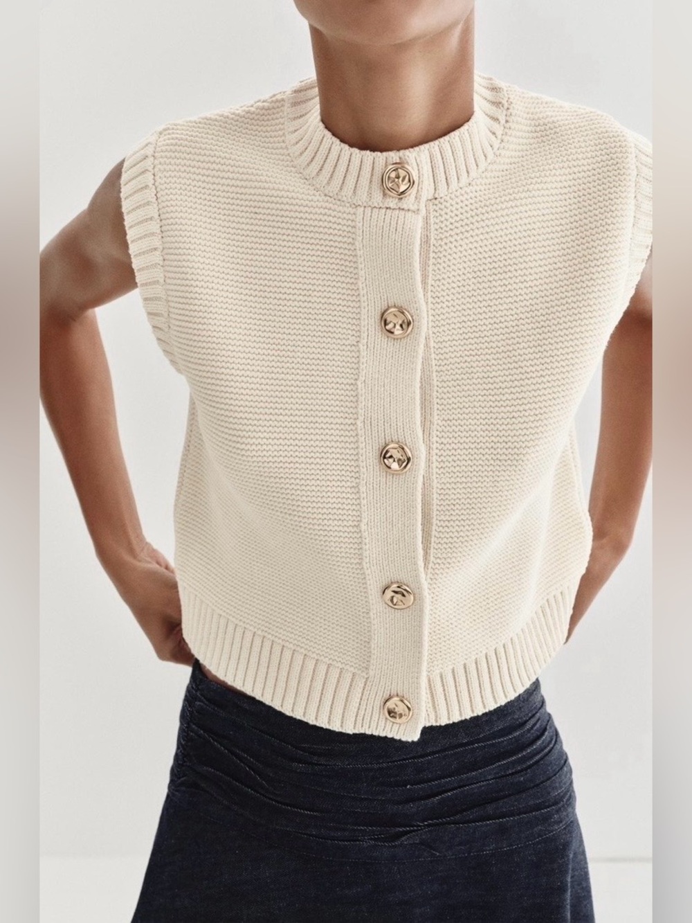 Zara NWT Cream Button Front Knit Sweater Vest